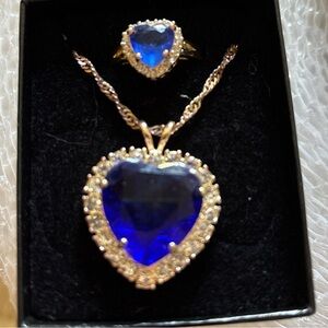 Titanic Heart of the Ocean Blue Rhinestone Necklace & Ring Sz9